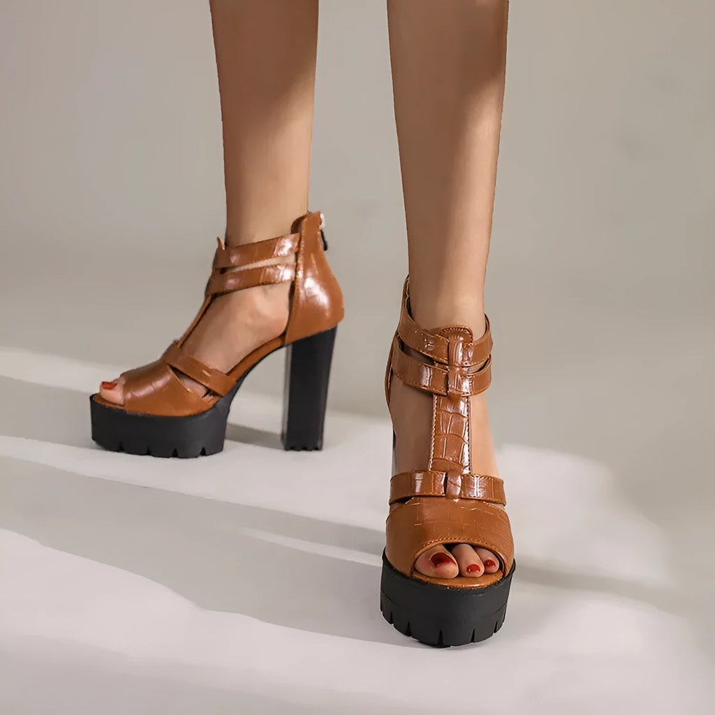 Women's platform high heel sandals with back zipper in yellow, black, and wine red colours