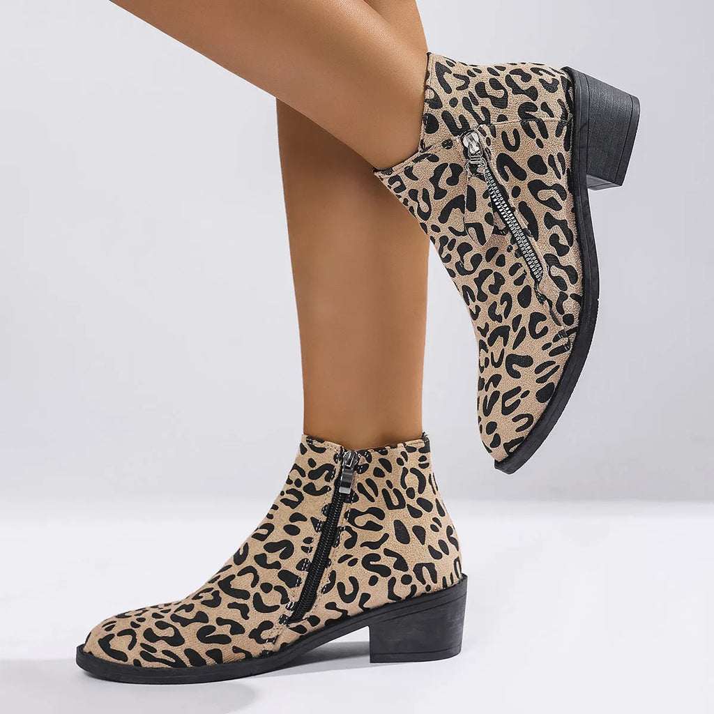 Ladies chunky heel ankle boots large size pointed toe leopard print block heel cotton upper side zipper