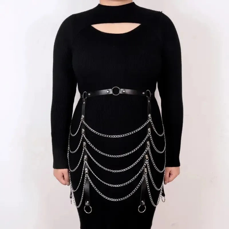 Black PU leather waist chain ornament with bandage-style binding design and adjustable chain