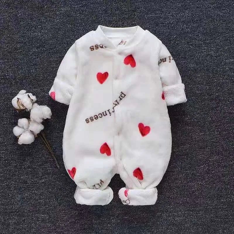 Baby wearing long sleeve flannel romper with animal print design