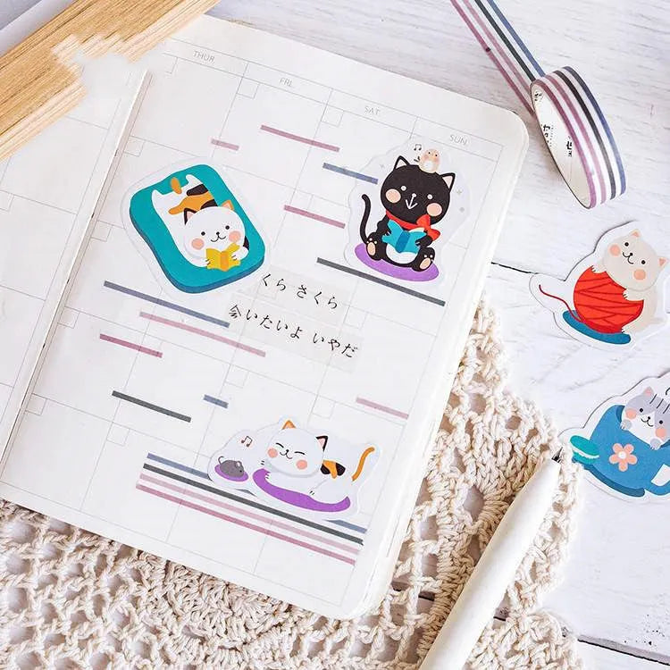 Boxed cartoon cat sticker set with 45 pieces, Cat set colour option, box size 44 x 44 x 11 mm.