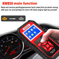 KW850 OBD2 scanner with TFT colour display, One-Click I/M Readiness Key and built-in speaker for car engine fault code reading