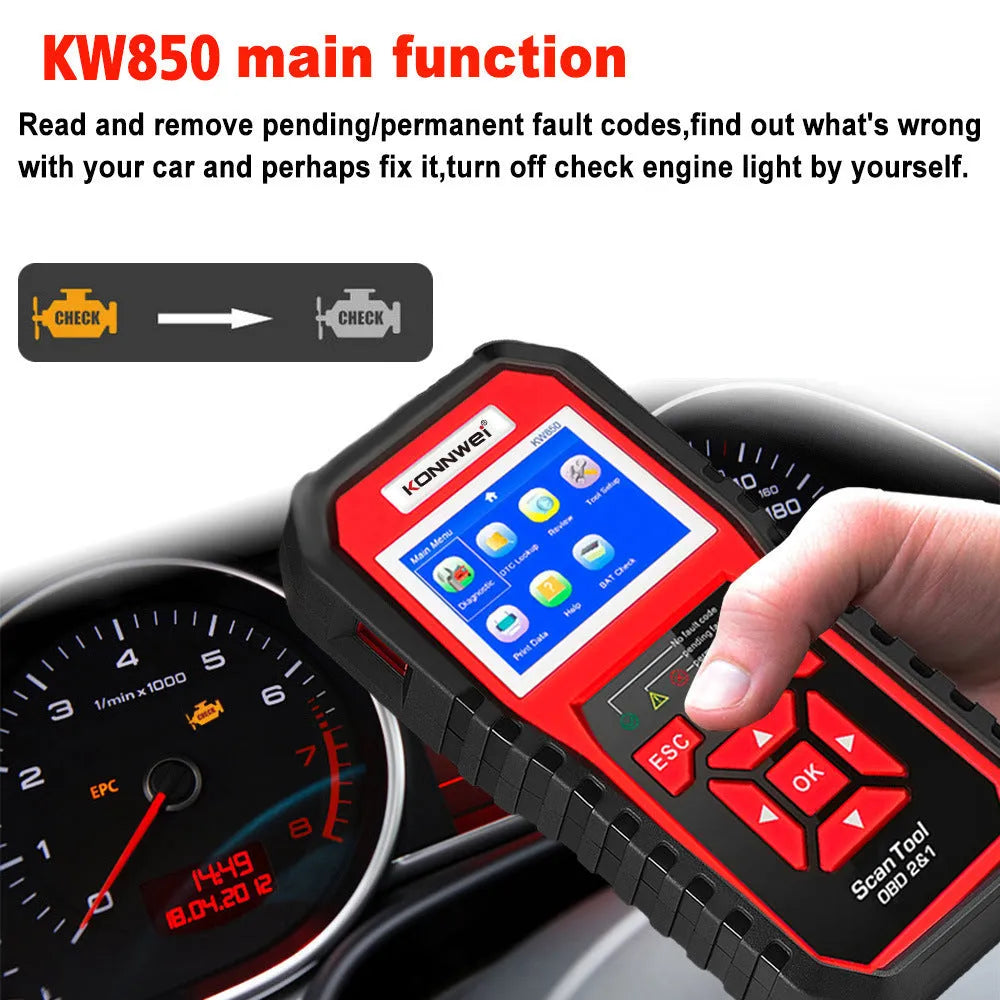 KW850 OBD2 scanner with TFT colour display, One-Click I/M Readiness Key and built-in speaker for car engine fault code reading