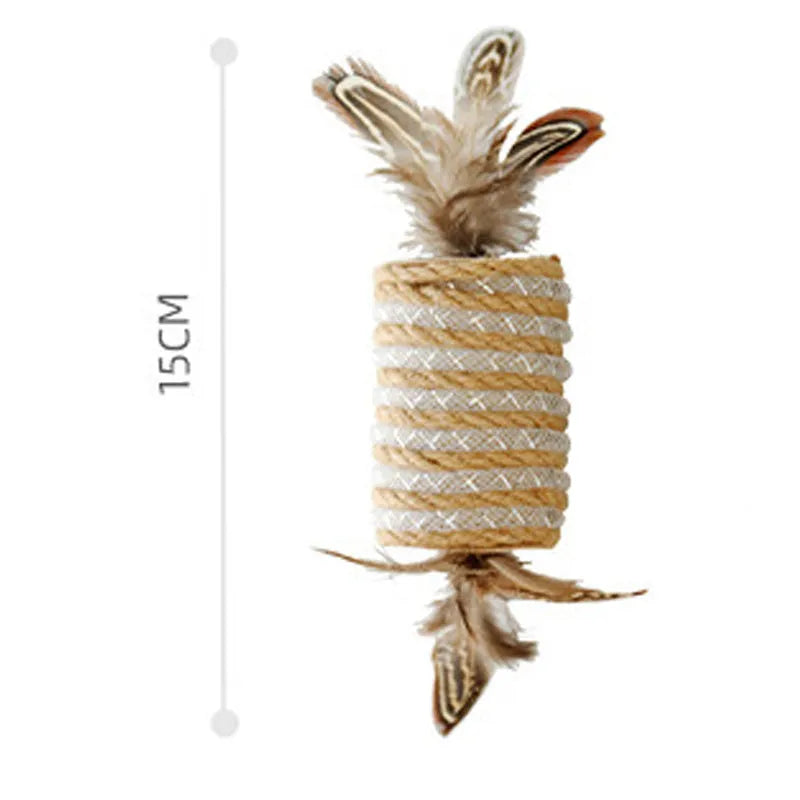 Beige interactive cat feather wand toy with hemp rope scratching surface and a catnip ball.