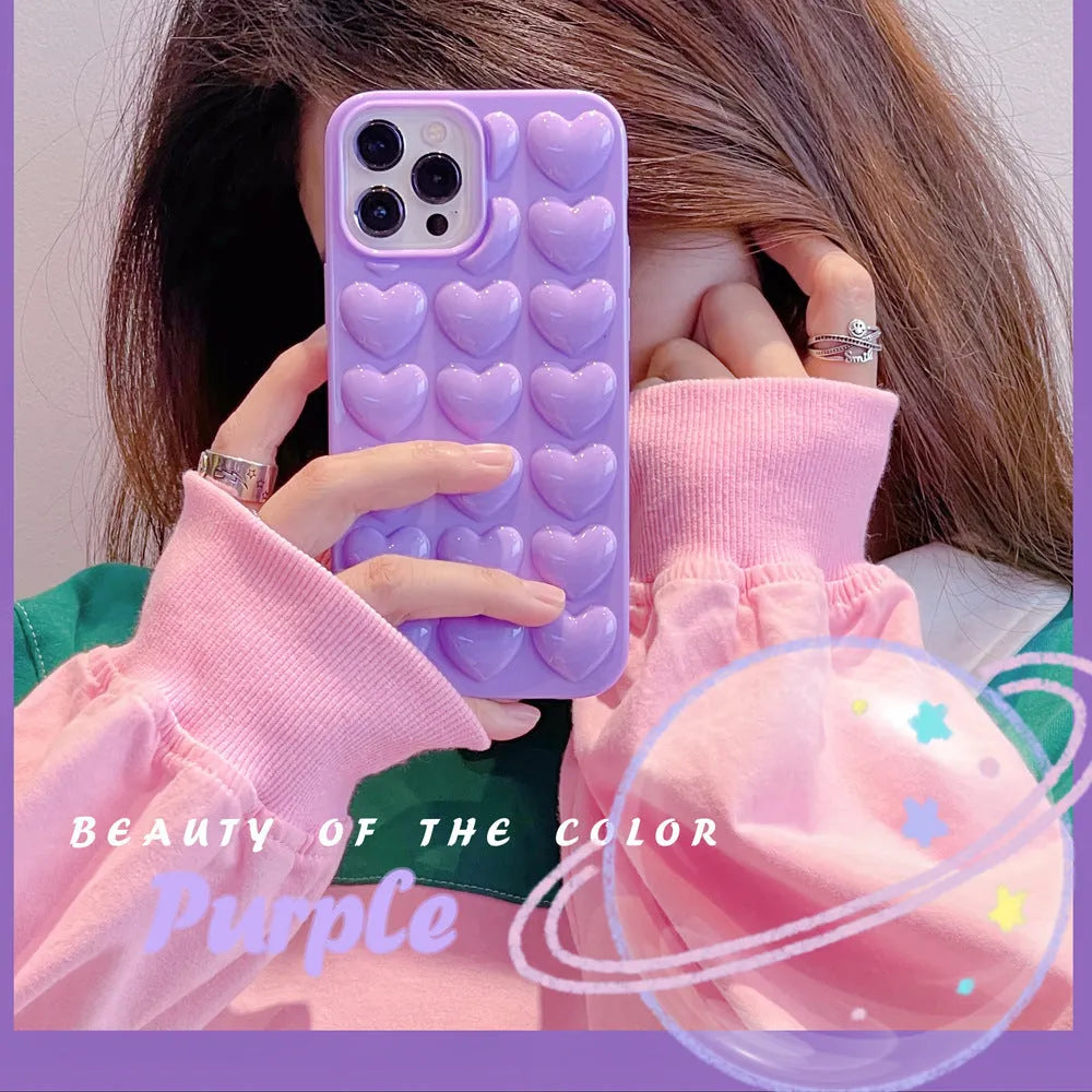 Solid colour TPU mobile phone case with raised 3D love pattern and drop protection for multiple iPhone models