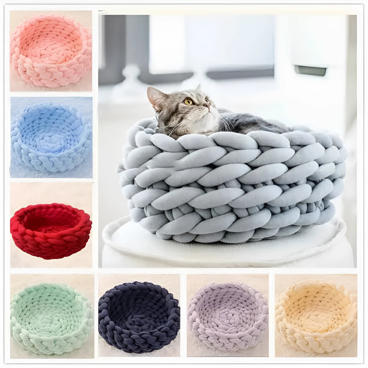 Round plush cat bed in grey with long plush surface, 30-60cm size options, warm winter pet nest