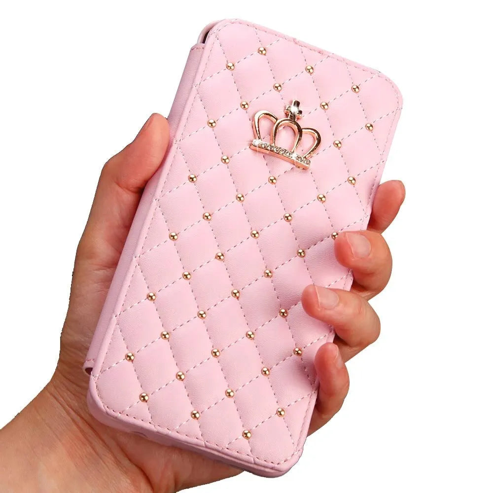Crown Card Leather Case for Samsung Galaxy phone in flip style with card holder, black colour
