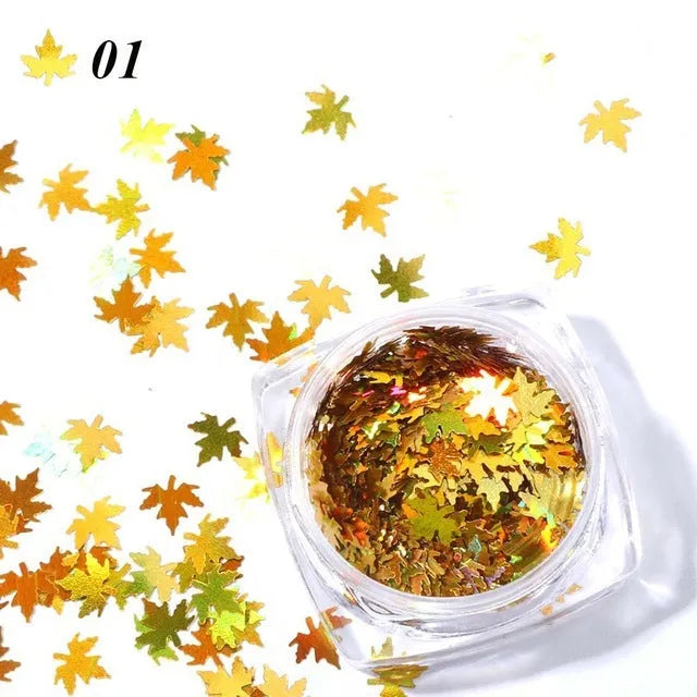 Gradient maple leaf nail sequins in 3D leaf drop design, mixed colours for autumn nail art and crafts