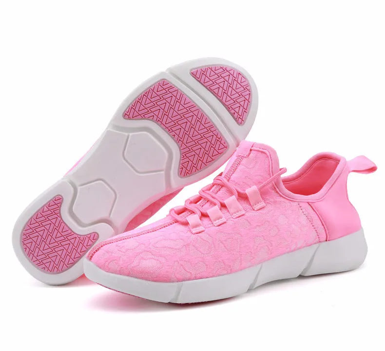 Unisex LED luminous leisure loafers with flying woven upper, EVA sole, shallow mouth, sizes 26-46, white black pink