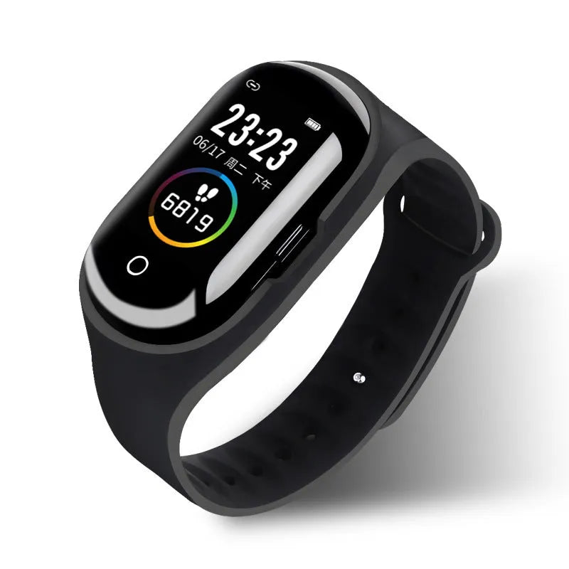 Blue smart bracelet and earphone combo with 1-inch screen on a silicone wristband.