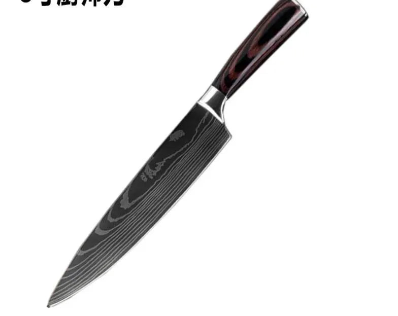 7Cr17 stainless steel chef knife with 18cm blade, laser Damascus pattern, and coloured wood handle