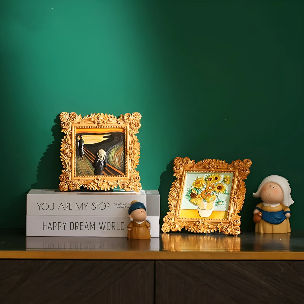 DIY filled oil painting kit showing pre-drawn epoxy canvas of Van Gogh's Starry Night with acrylic paints and brushes