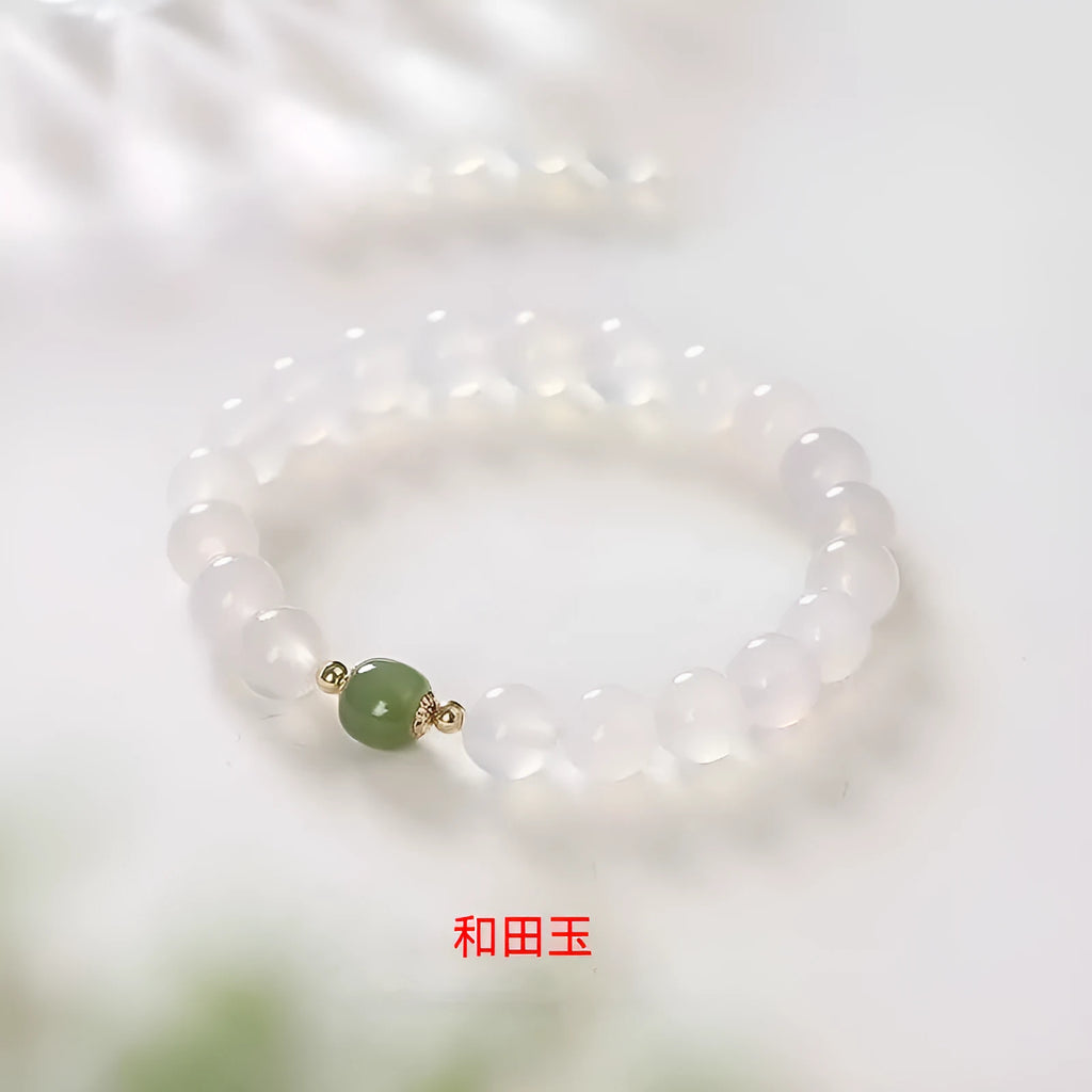 Handmade natural white agate hetian jade crystal bracelet with cinnabar inlaid detailing in ins style