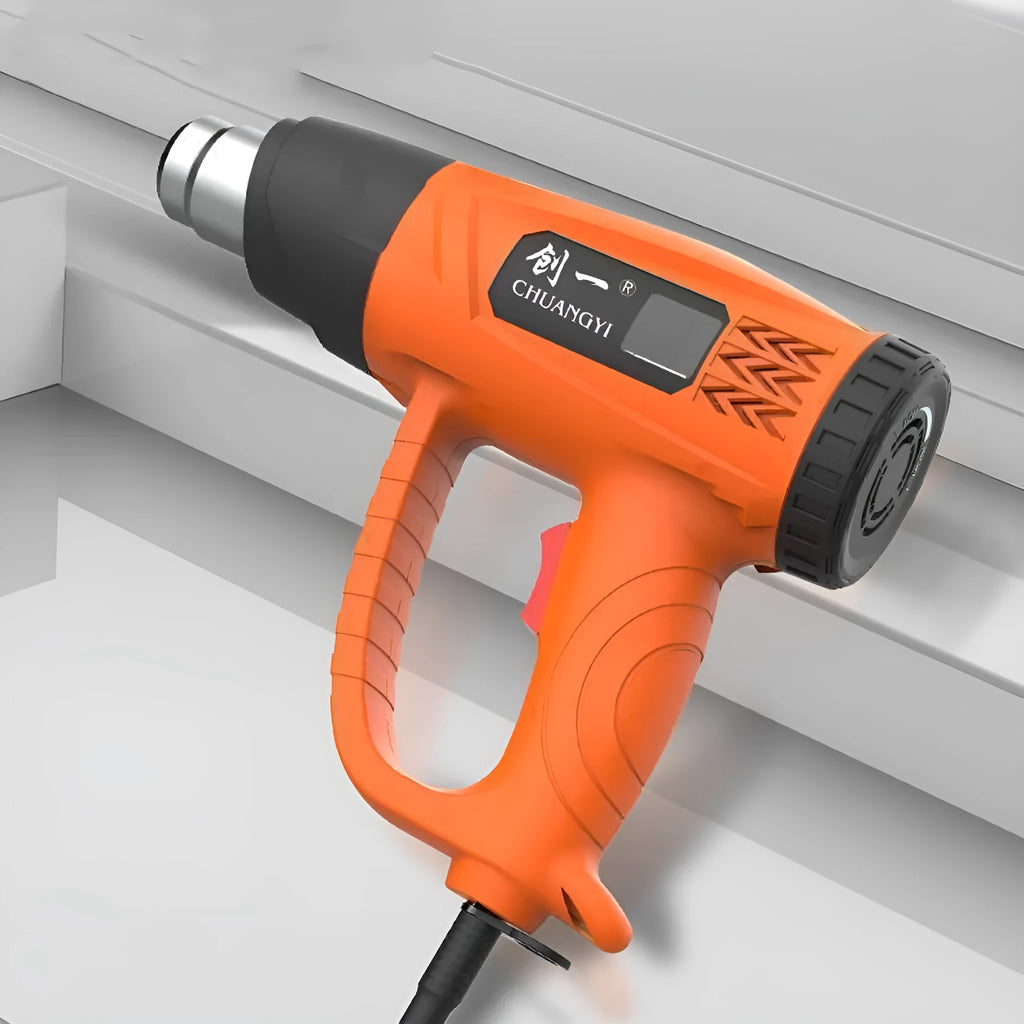 Handheld digital hot air gun with temperature display, 100°C working temperature, and 10 L/min air flow rate