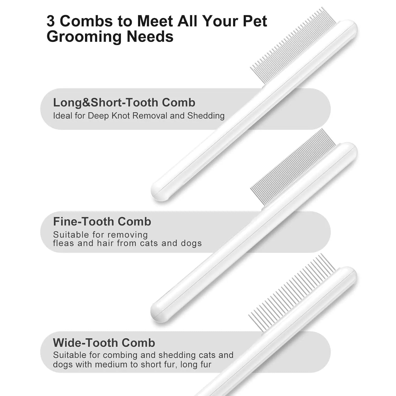 Stainless steel cat grooming comb with rounded teeth and ergonomic handle in green colour