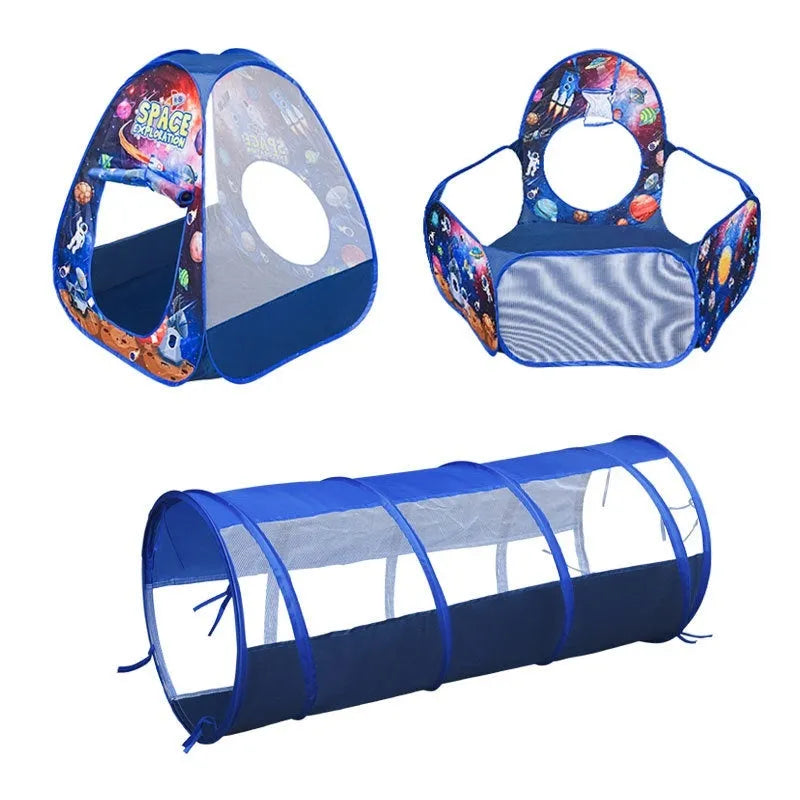 Children's three-in-one cloth play tent set with ball pool and tunnel in a cartoon marine or vehicle theme.