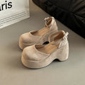 Retro closed toe buckle women's thick heel suede pump in khaki, side view with rubber sole