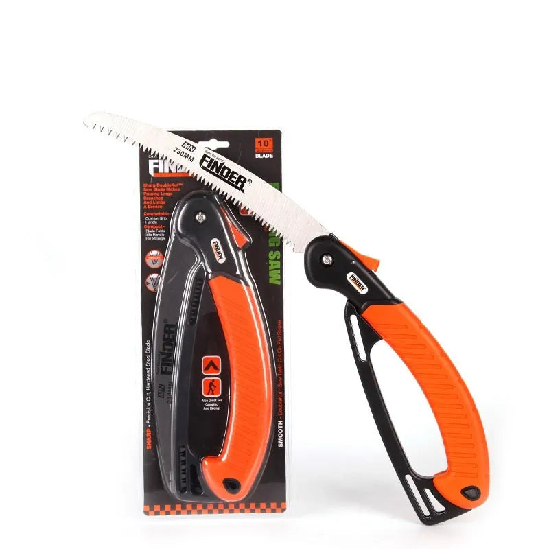 230mm folding pruning saw with TPR handle extended for cutting, showing 65MN steel blade with 32 teeth