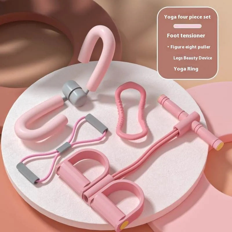 Yoga four piece set showing leg stretcher, yoga ring, pedal tension device and figure eight rope