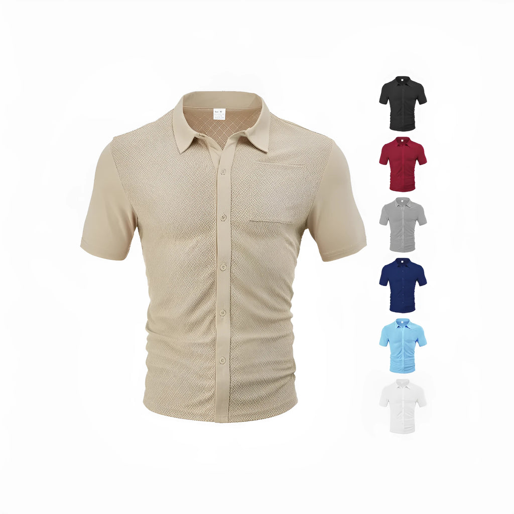 Loose breathable lapel cardigan with jacquard short sleeves in white, navy blue, black, burgundy, khaki, hemp gray, or light blue.