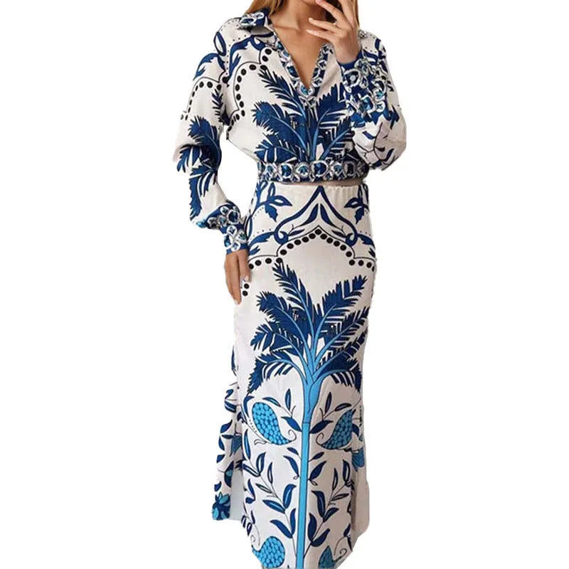 Women's floral print two-piece casual set with long sleeves and a long skirt in picture colour.