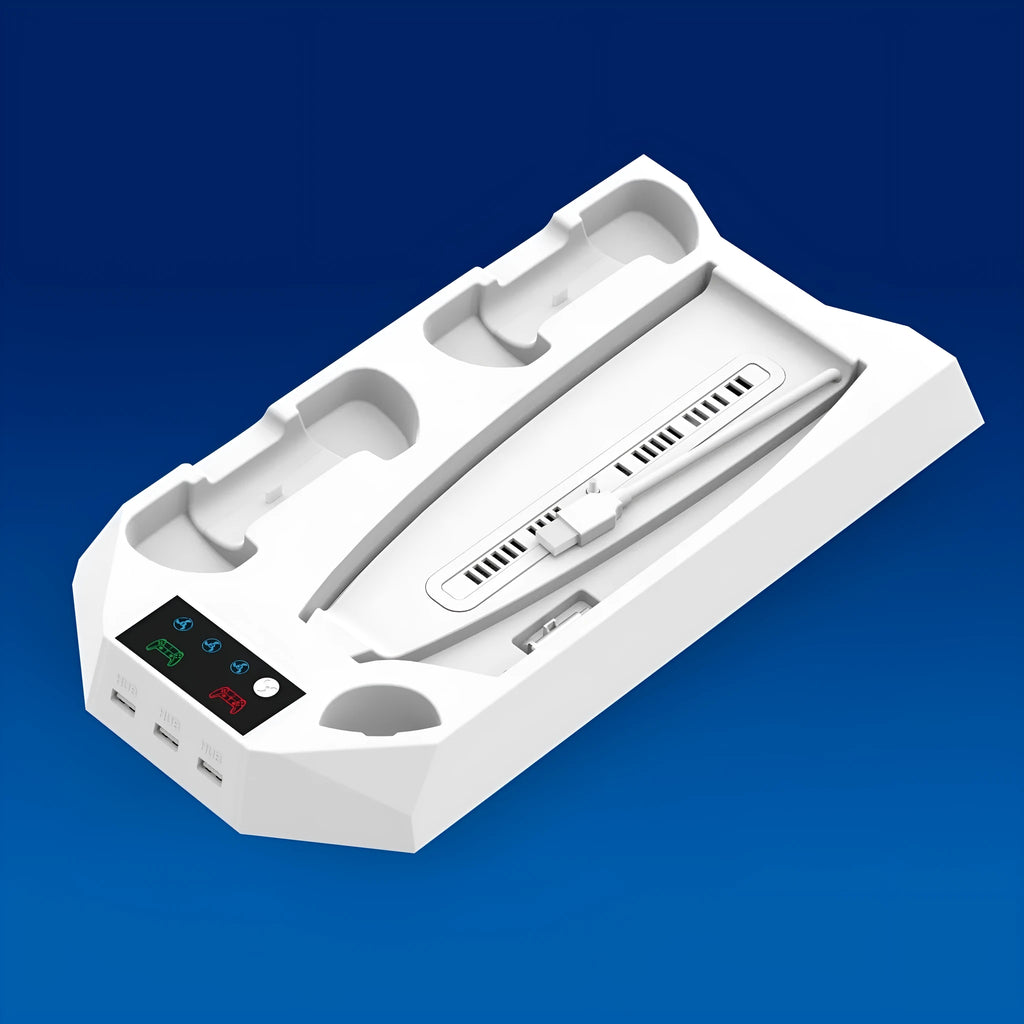 White PS5 charging and cooling dock station with two controllers on charge and headset on hook