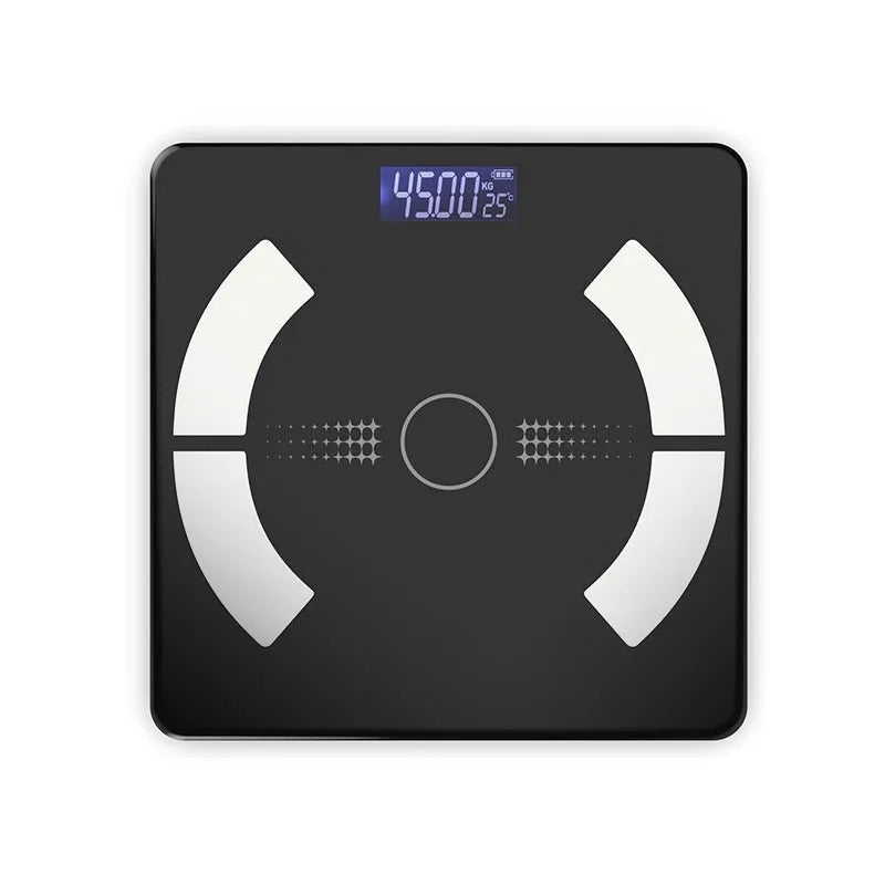 Smart Bluetooth body fat scale in black, white or pink colours showing weight and body composition measurements