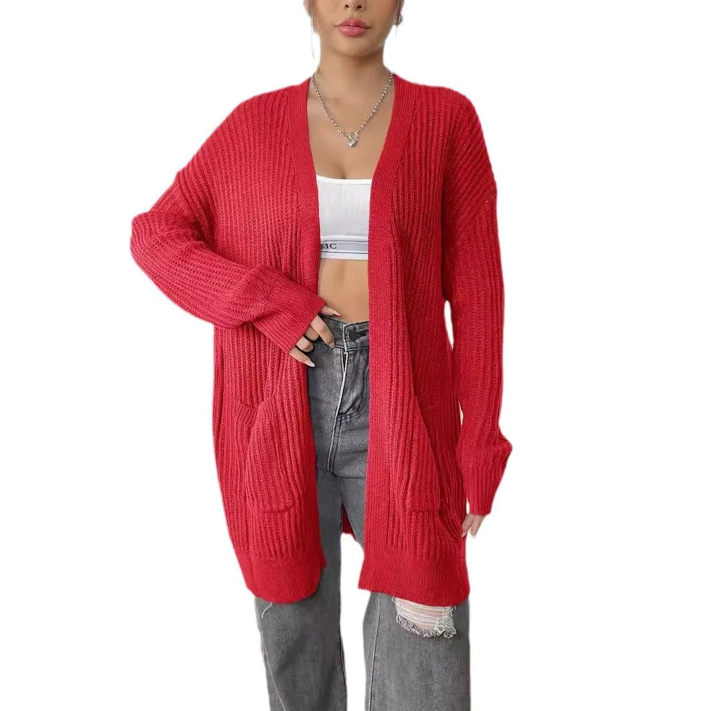 Women's double pocket acrylic cardigan in dark green colour with loose fit design