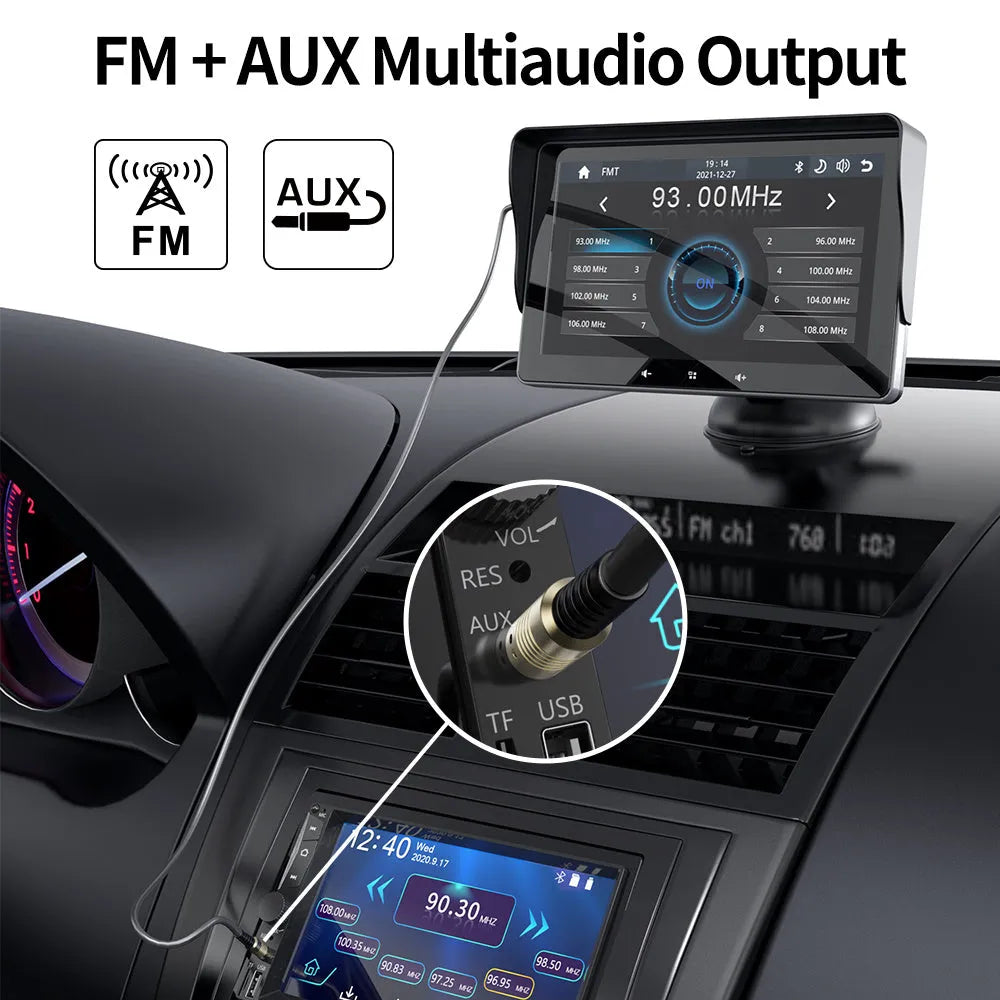 7 inch car wireless CarPlay display with suction cup mount and cigarette lighter power cable