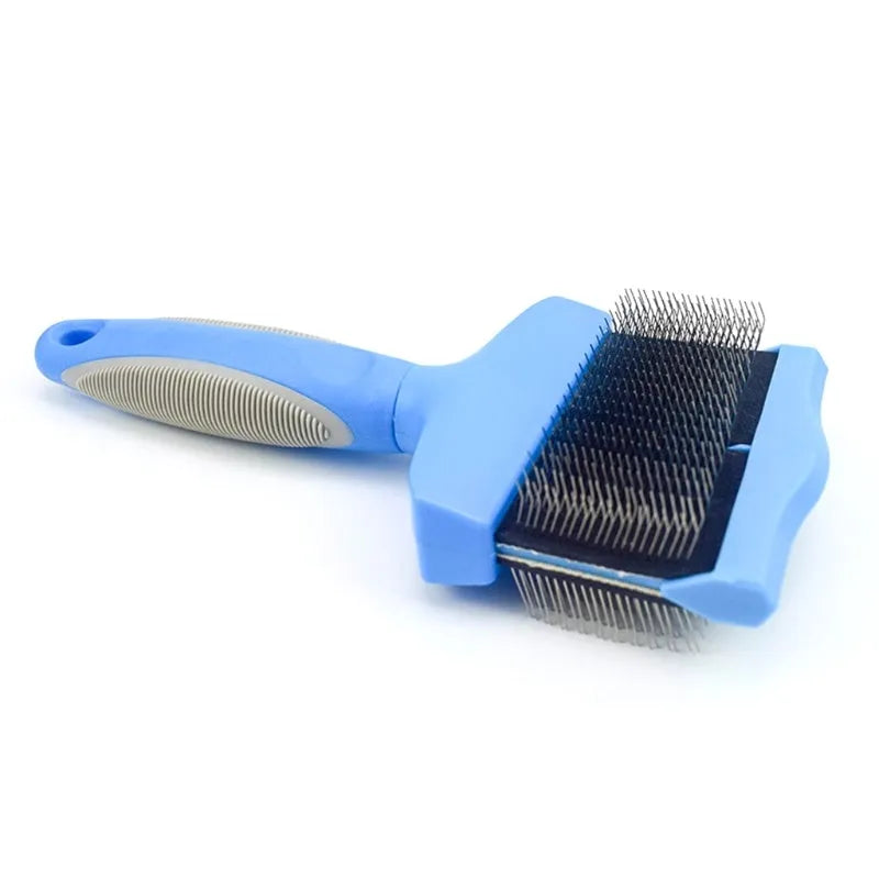 Double-sided pet grooming brush with stainless steel pins and flexible rubber backing in blue colour