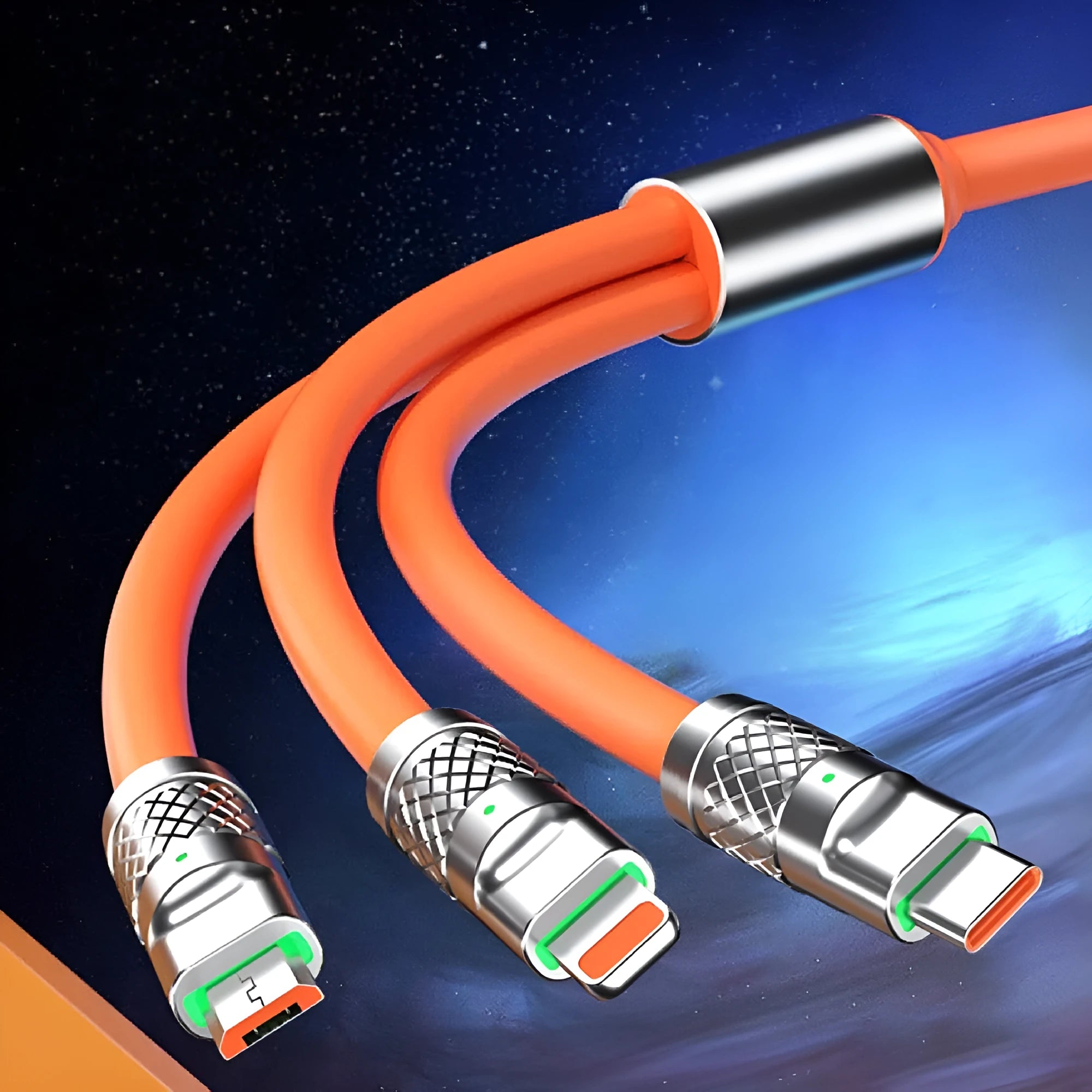 Universal charging cable with 120W super fast charge, zinc alloy connector, three interfaces, available in eight colours