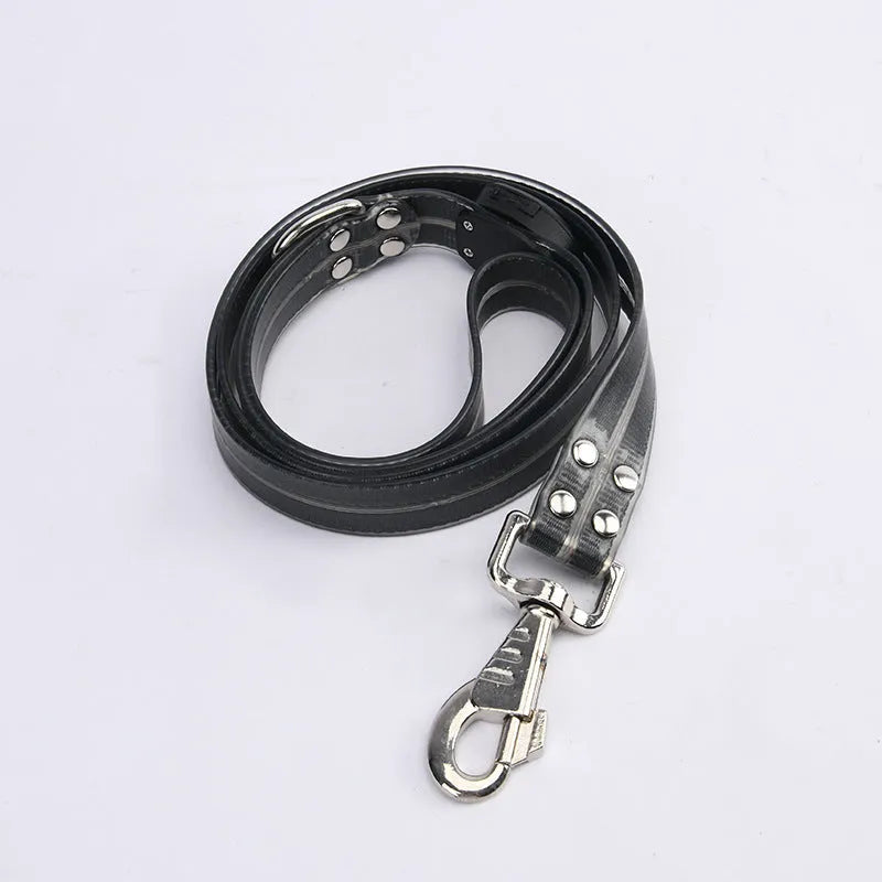 LED light-emitting pet collar and hand holding rope in orange for dog or cat visibility