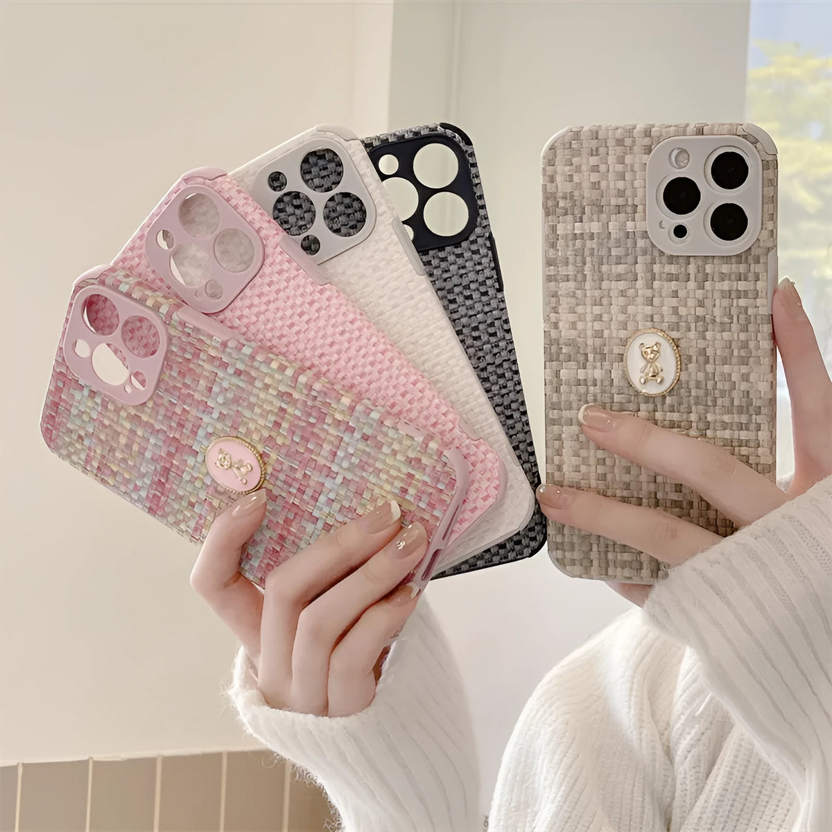 Woven bear flannelette phone case for iPhone in colourful pink with cute Japanese Korean cartoon design
