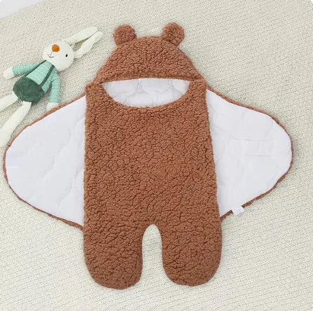 Baby hugging bag cotton lamb wool swaddling quilt in blue thickened version, 80x85cm size, on a soft surface