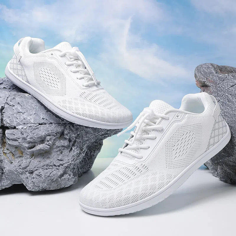 Extra wide barefoot shoes for couples with wide toe box, non-slip rubber outsole, and fly woven cotton upper in beige