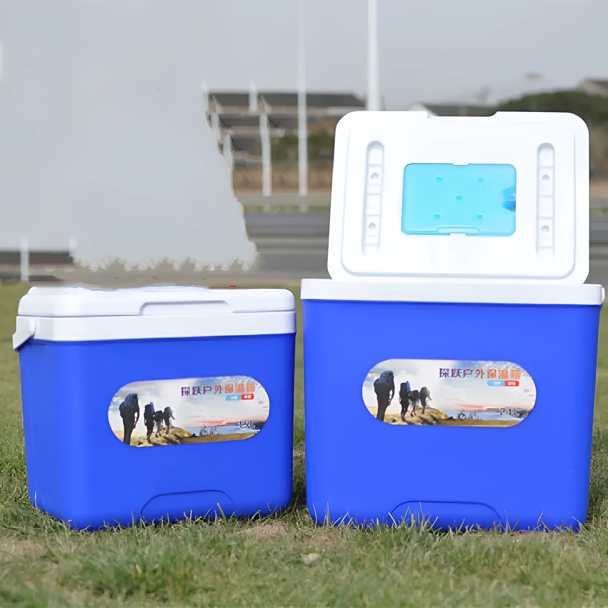Blue aluminium foil insulated cooler box with multiple capacity options from 3.5L to 38L for outdoor and car use