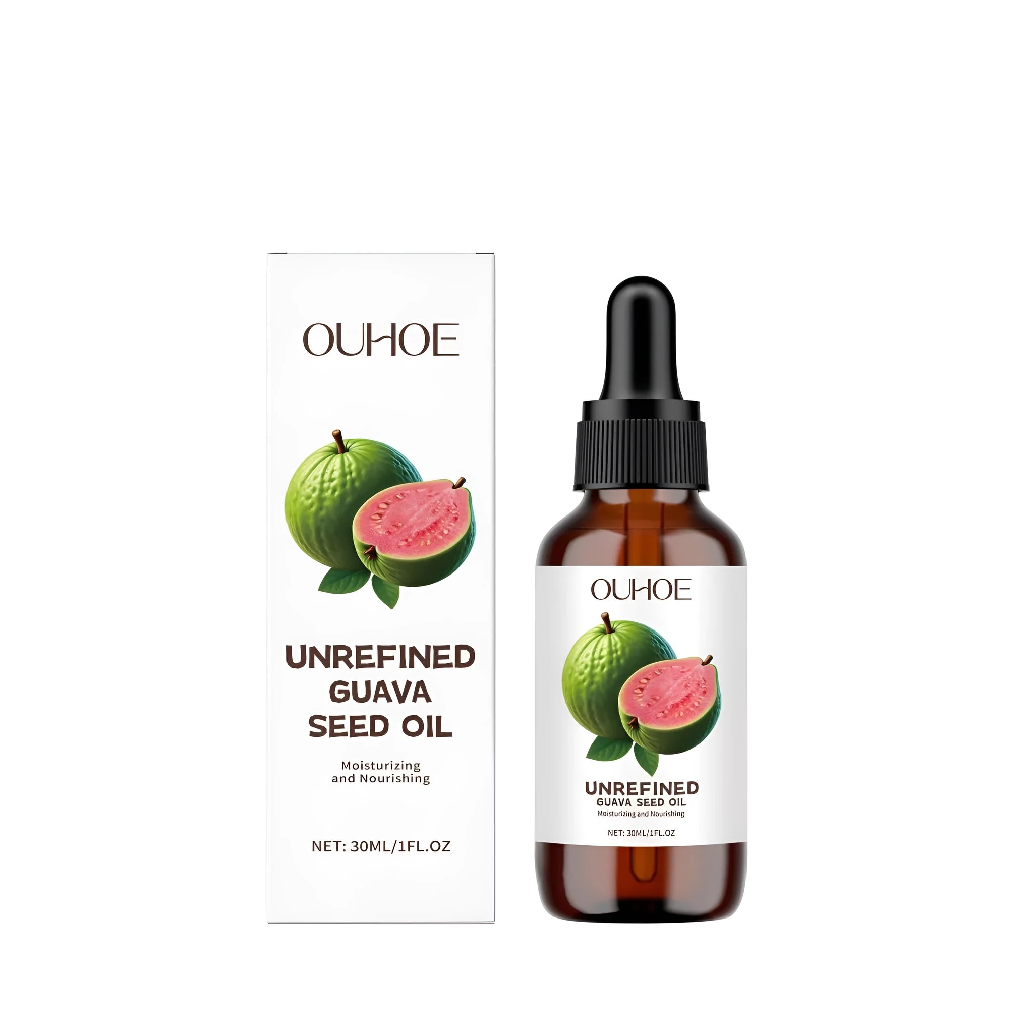 30ml bottle of guava seed oil facial serum with dropper.