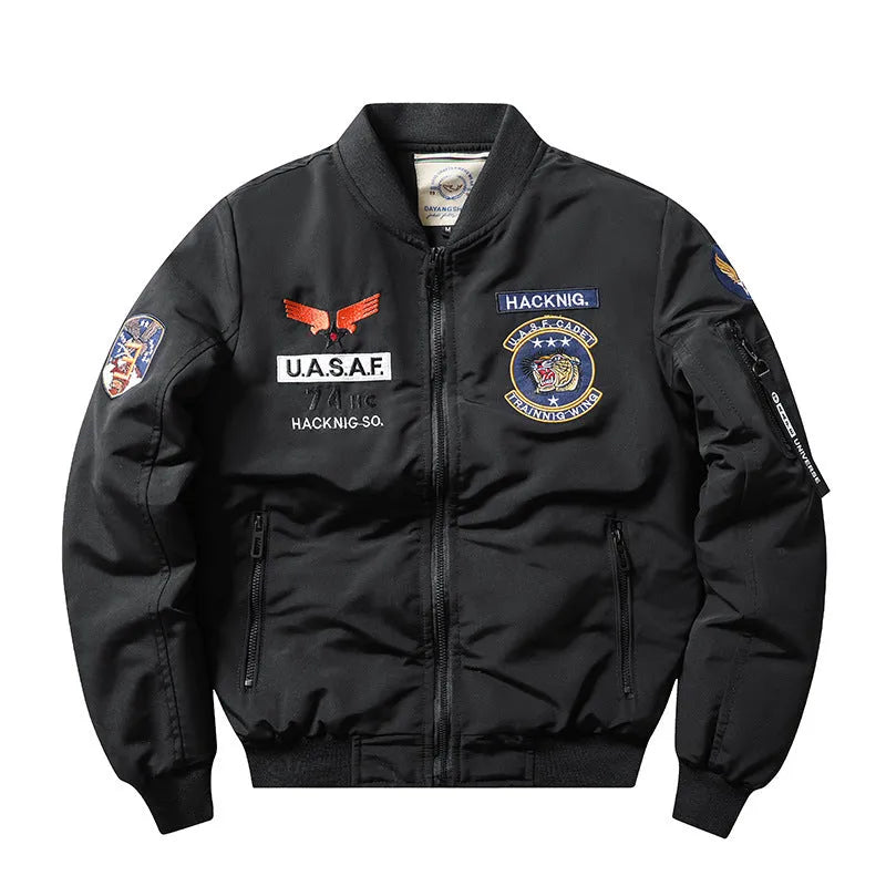Men's slim-fit retro motorcycle coat in blue with stand collar, embroidery, and chest patch pockets.