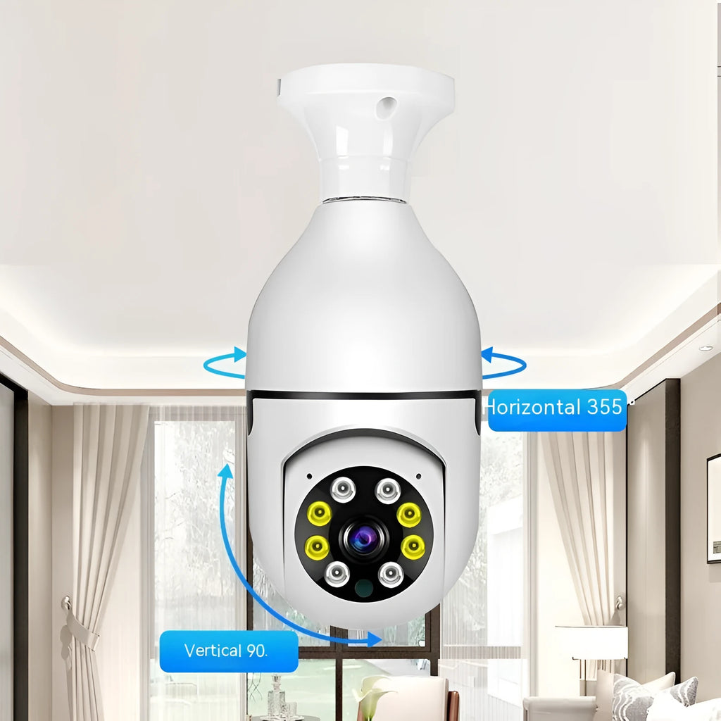 Wireless bulb security camera with 1080p resolution and full colour night vision for indoor outdoor use
