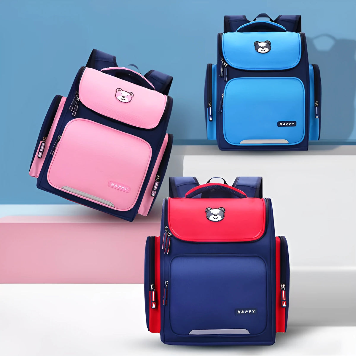 Primary student school bag in water repellent fabric, available in small 38x28x16cm and large 40x29x18cm, five colours.