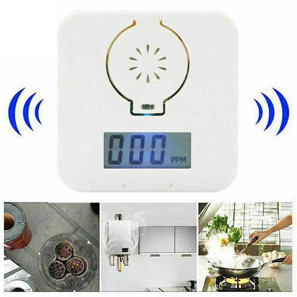 White wall-mounted carbon monoxide alarm unit for detecting CO gas from coal stoves.