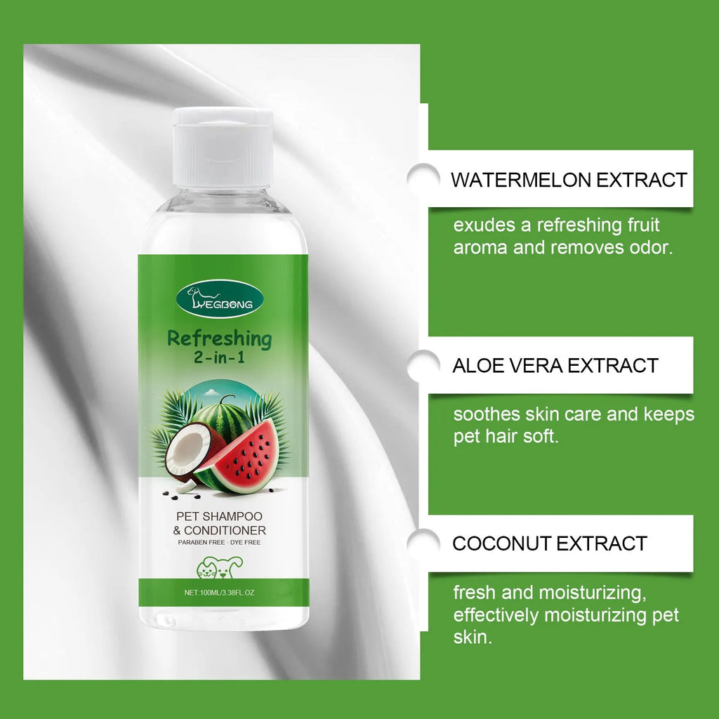 100ml bottle of 2-in-1 pet shampoo and fragrance shower gel with watermelon and coconut extract.