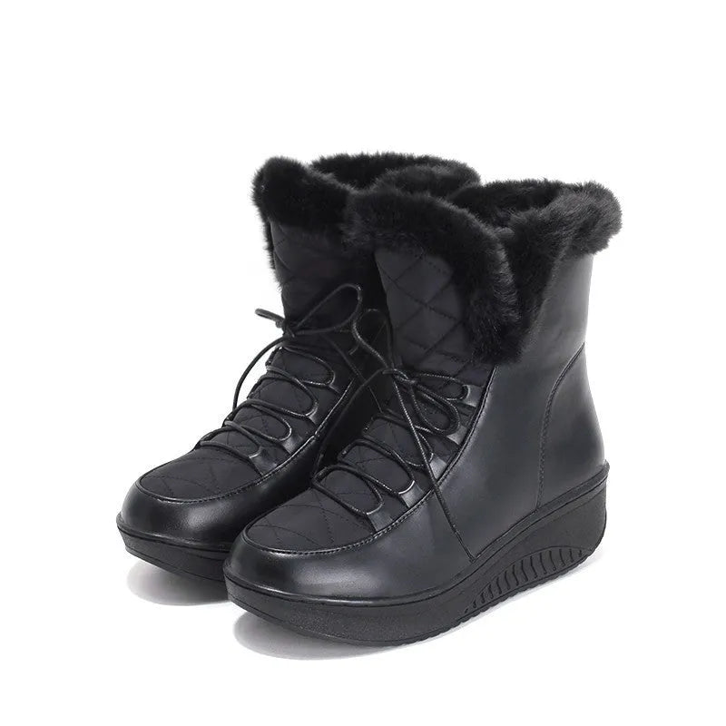 Women's black lace-up winter boots with 3cm platform and water-resistant PU leather