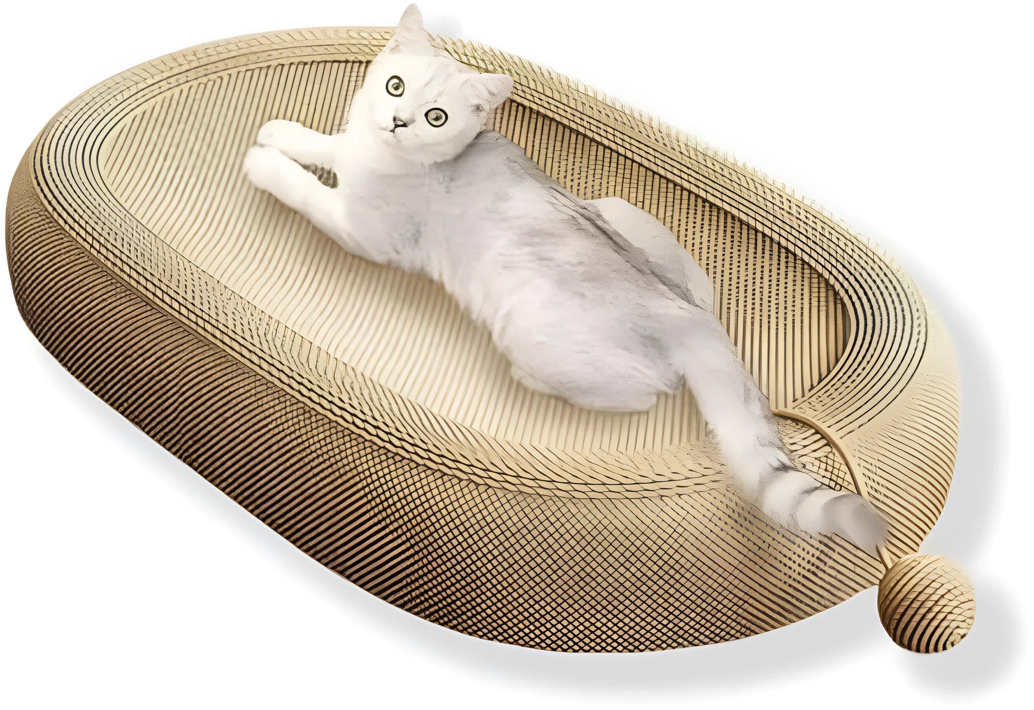 Large sisal fibre cat scratching board with a raised lounging bed platform on top.