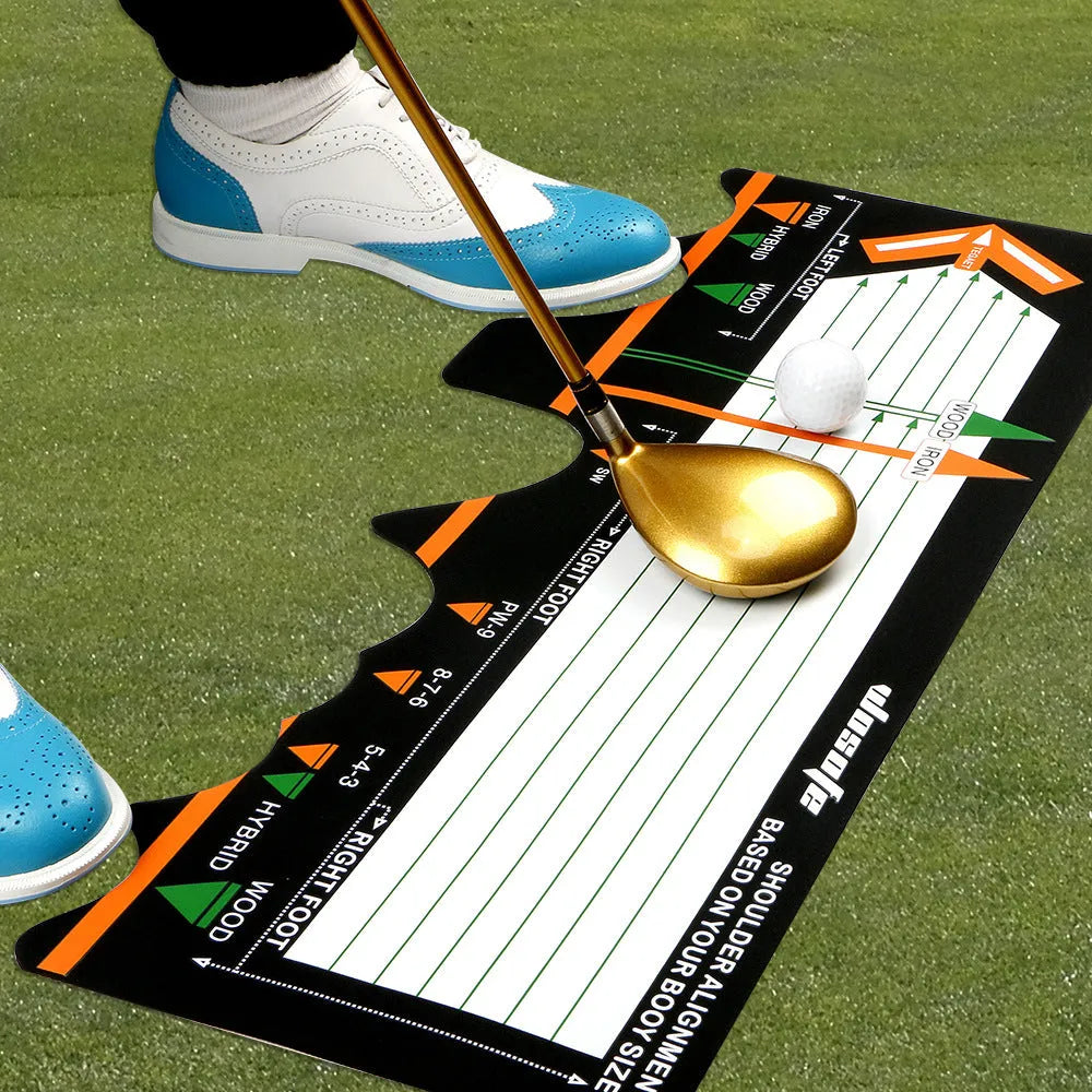 Black neoprene golf swing posture correction mat for stance alignment practice.