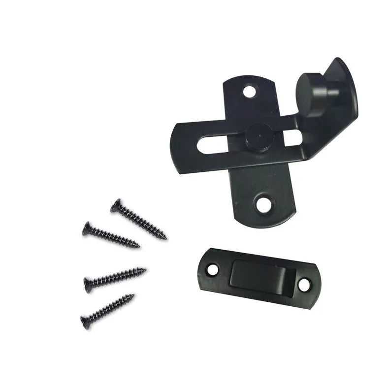 Stainless steel and carbon steel 90-degree sliding door hasp lock for barn and warehouse doors.