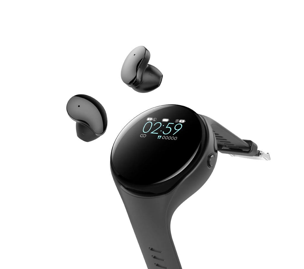 Black smart bracelet with detachable Bluetooth earphones showing colour screen display and heart rate monitoring