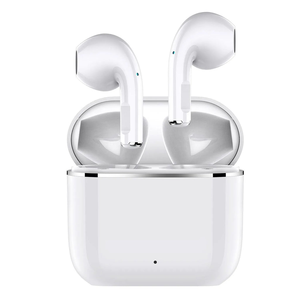 Wireless half in-ear Bluetooth headset in white or black with 30mAh earbuds and 200mA charging case