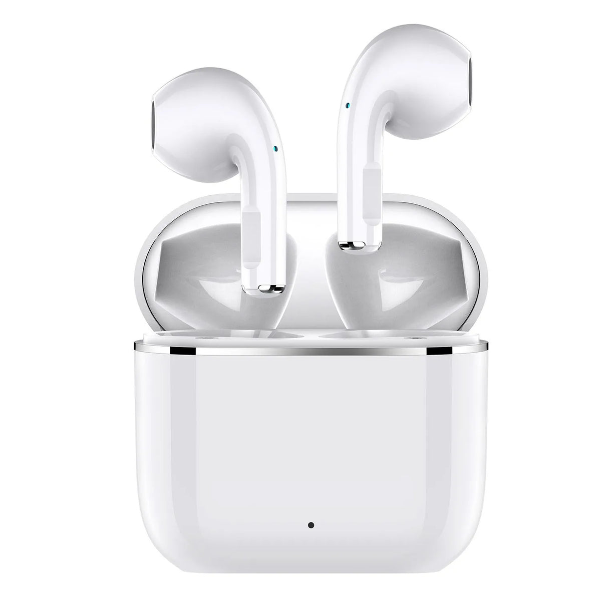 Wireless half in-ear Bluetooth headset in white or black with 30mAh earbuds and 200mA charging case