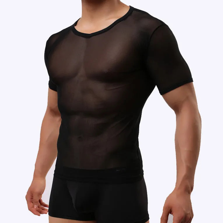 Men's slim fit solid colour mesh t-shirt on a hanger, showing transparent nylon fabric.
